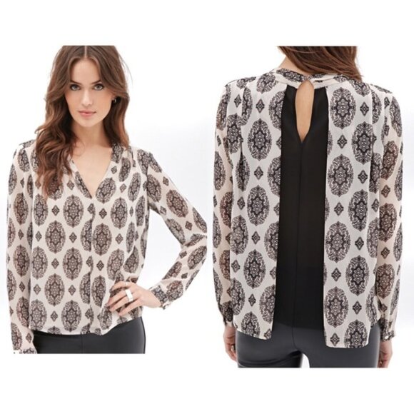 Forever 21 Tops - Forever 21 Sheer Lined Long Sleeve Chiffon Blouse Medium